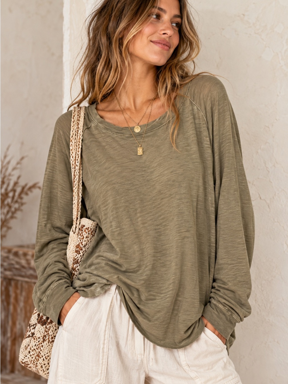 We The Free Olive Long Sleeve Slub Tee Boho Oversized Top Size Large